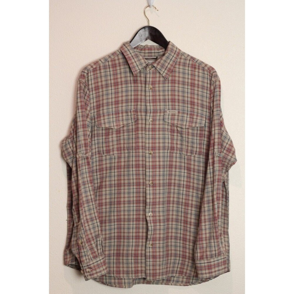 Columbia grt Shirt Men's size Large Plaid Beige red blue plaid outdoor